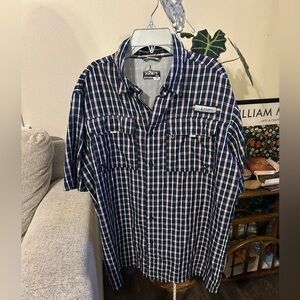 HABIT Dark Blue Plaid Mens Sz Medium Button Up Vented Short Sleeve Fishing Shirt
